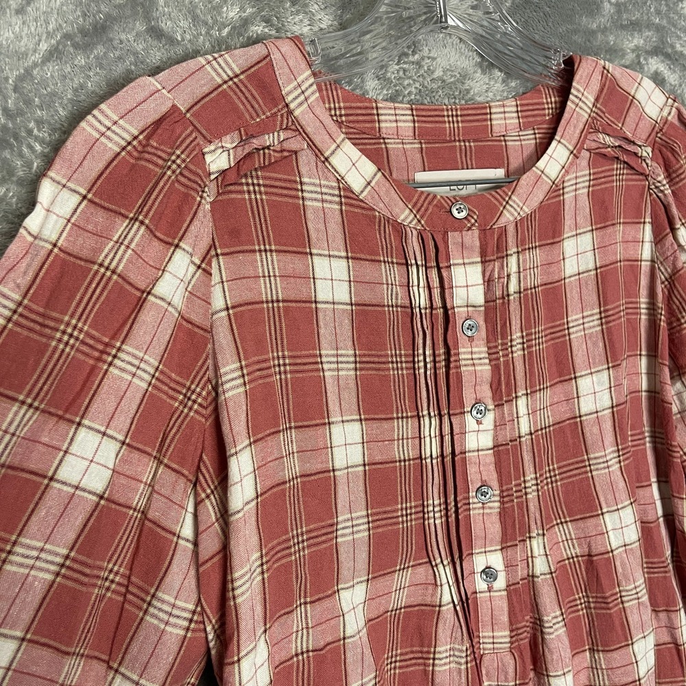 LOFT Women Plaid Linen Blend Popover Shirt S Cottagecore Peasant Country Cowgirl